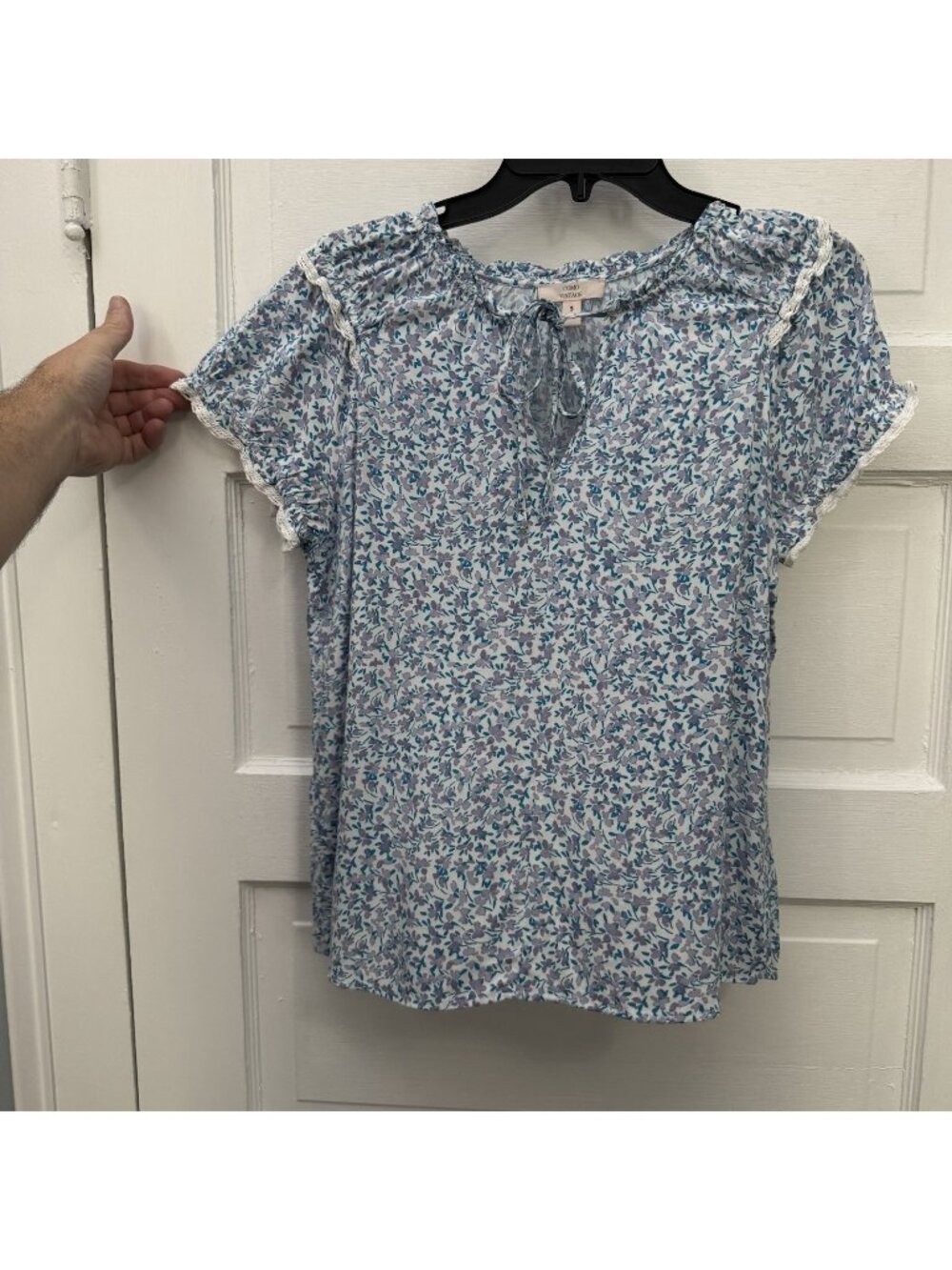 Como Vintage Women’s S Blue Floral Peasant Blouse Puff Sleeve Lace Trim